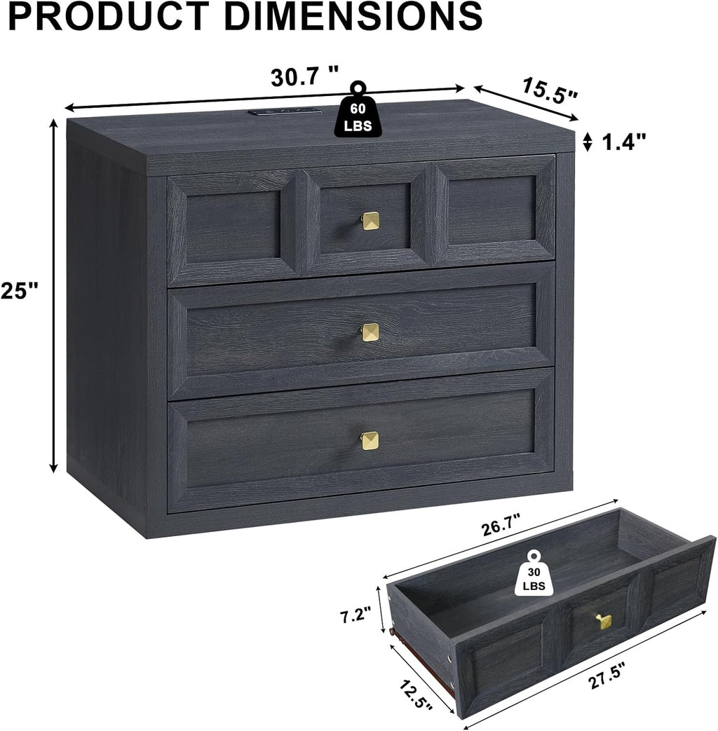 Nightstand Set of 2 W/Charging Station, 30.7' W King Size Bedside Table with 3 Drawers, Accent End Table W/Large Storage, Modern Wood Side Table for Bedroom, Dark Grey