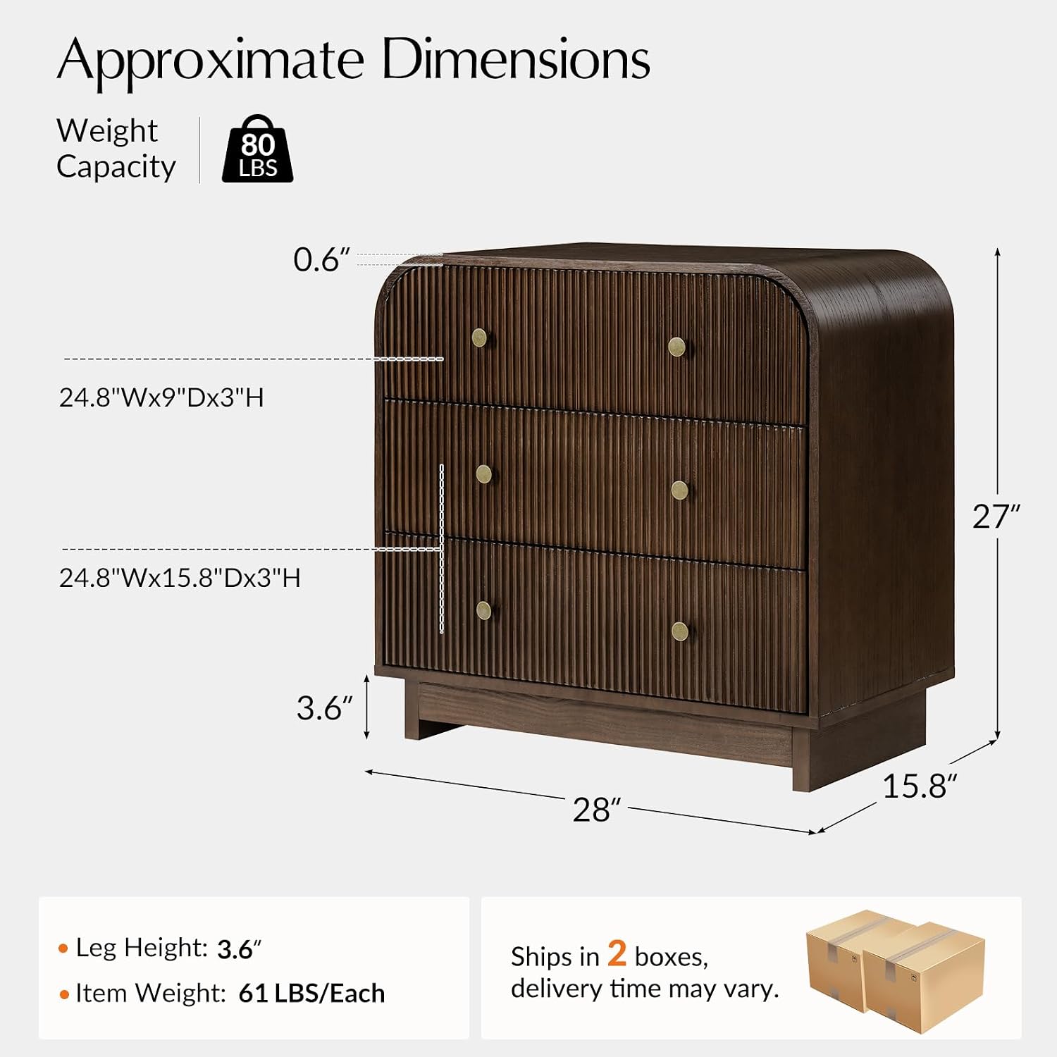 HULALA HOME Fluted Storage End Tables Set of 2 with Charging Station, Modern 3 Drawer Wood Side Tables with Solid Wood Legs, Large SideTables for Living Room Room, Easy Assembly, Walnut