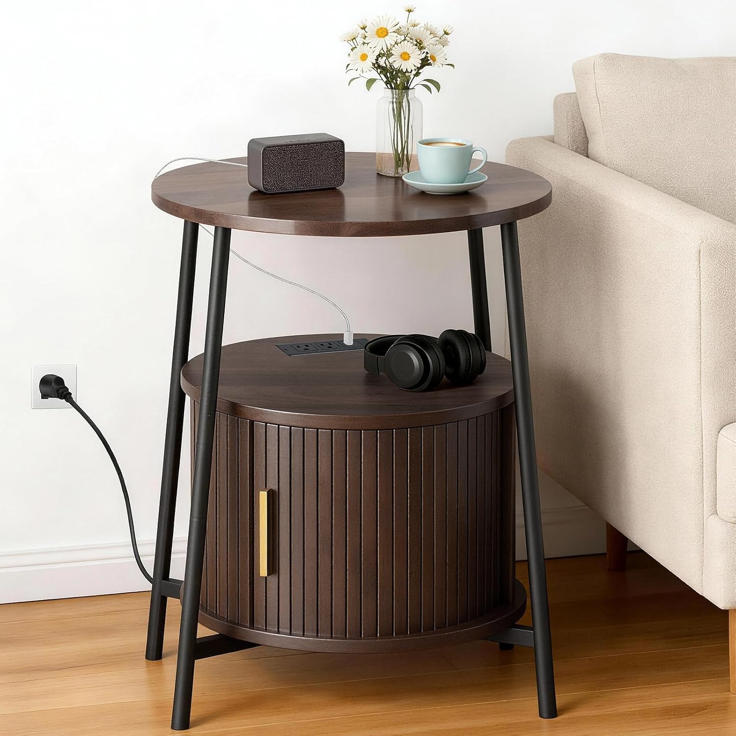 DHH Round End Tables Set of 2 & Charging Station, Fluted Accent Side Table with Sliding Door, Mid-Century Modem Nightstand Set for Small Space Storage, Living Room, Bedroom,Sofa Couch(Dark Walnut)