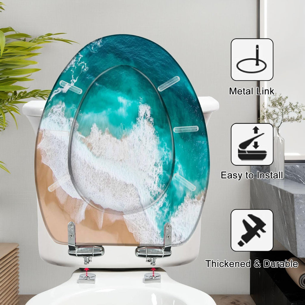 Elongated Toilet Seat Aerial drone view beach turquoise water large waves Resin Toilet Seat Slow Quiet Close Lid with Quick-Release Hinges Cover Bumpers Easy to Clean Install