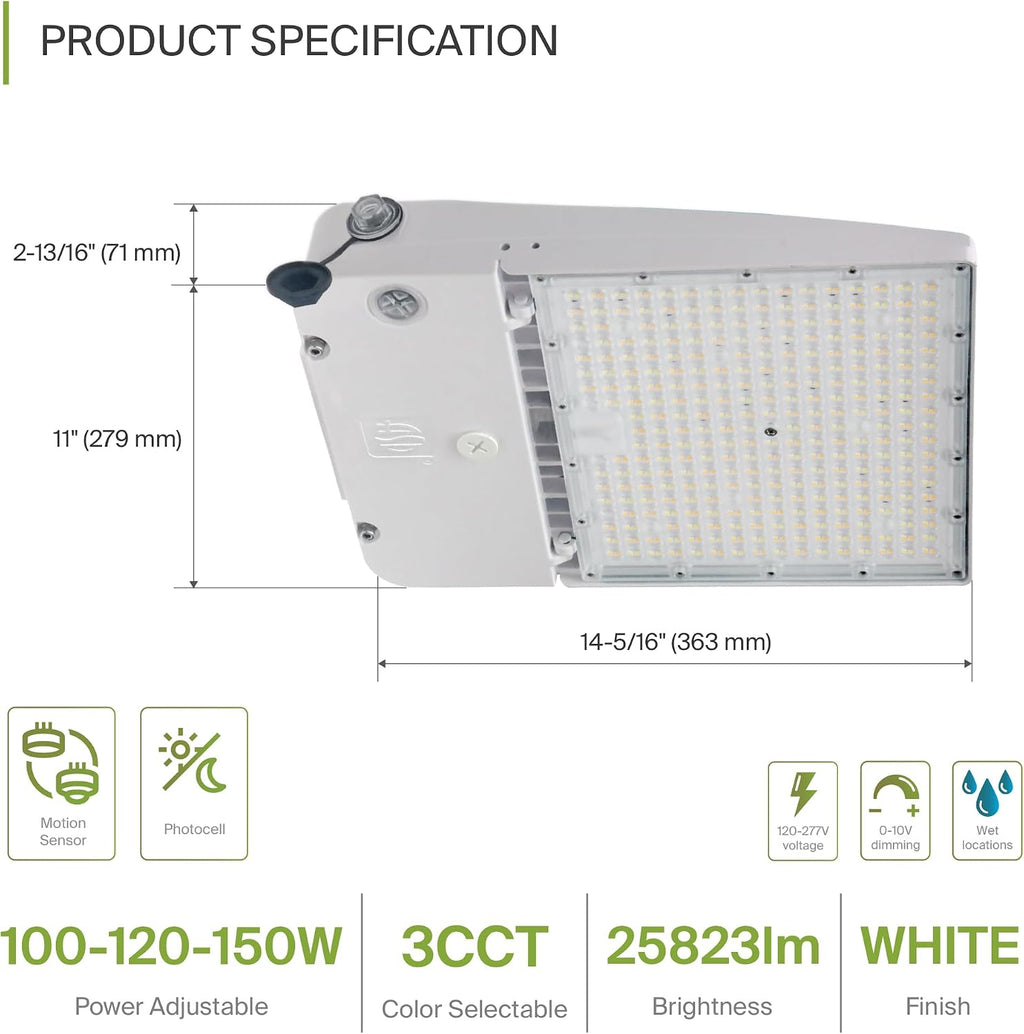 ASD LED Parking Lot Light Fixture | 100-150W 26000LM 3000-5000K 100-277V IP66 | 3CCT, Dimmable, Photocell, Waterproof, DLC, UL Listed | Dusk to Dawn Outdoor Lamp, Shoebox Area Lighting | White