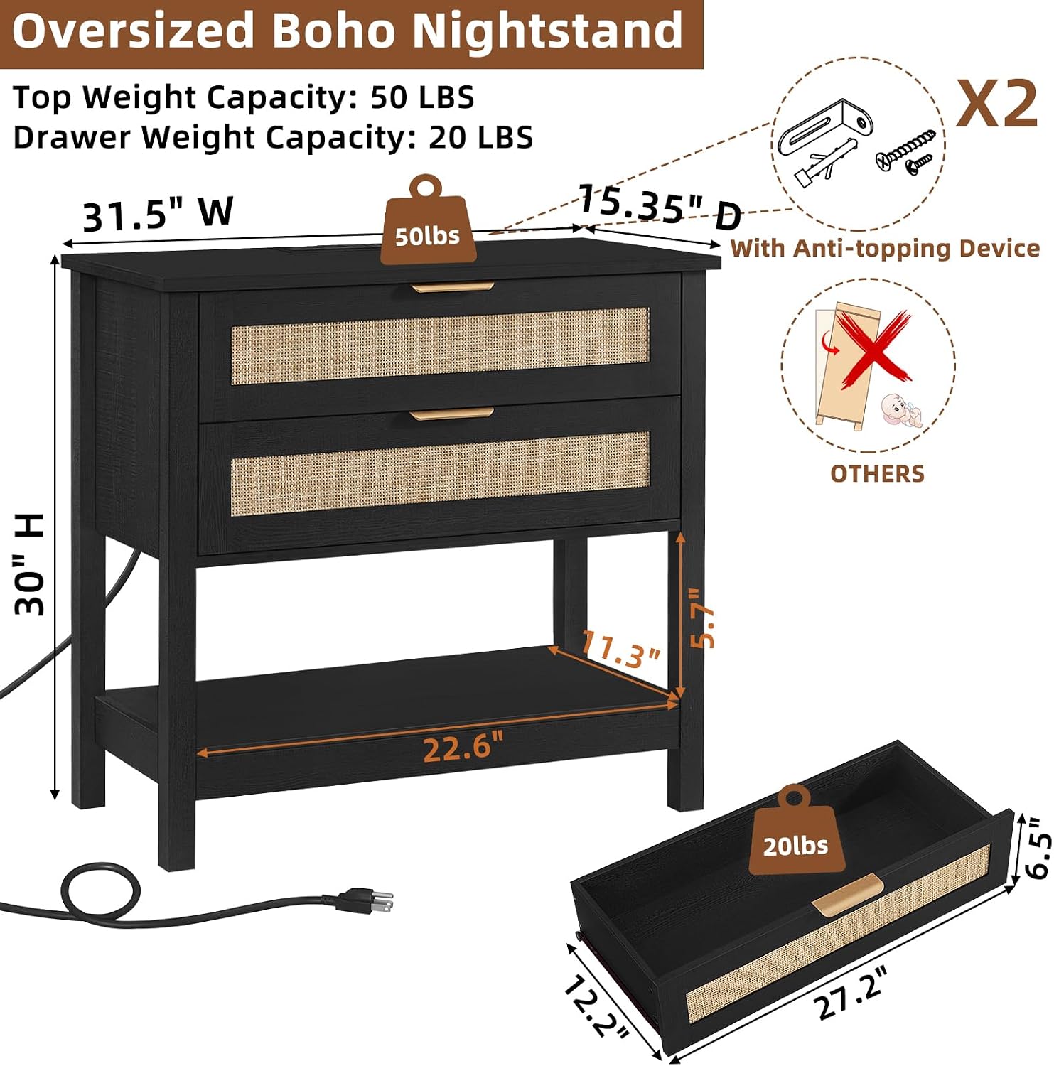 LEYAOYAO 31.5' Wide Rattan Night Stand Set 2 with Charger Station, Oversized Large Boho Nightstand with 2 Drawer, Black Bed Side End Tables, 30' Tall Bedside Table for Bedroom Living Room, Hallway