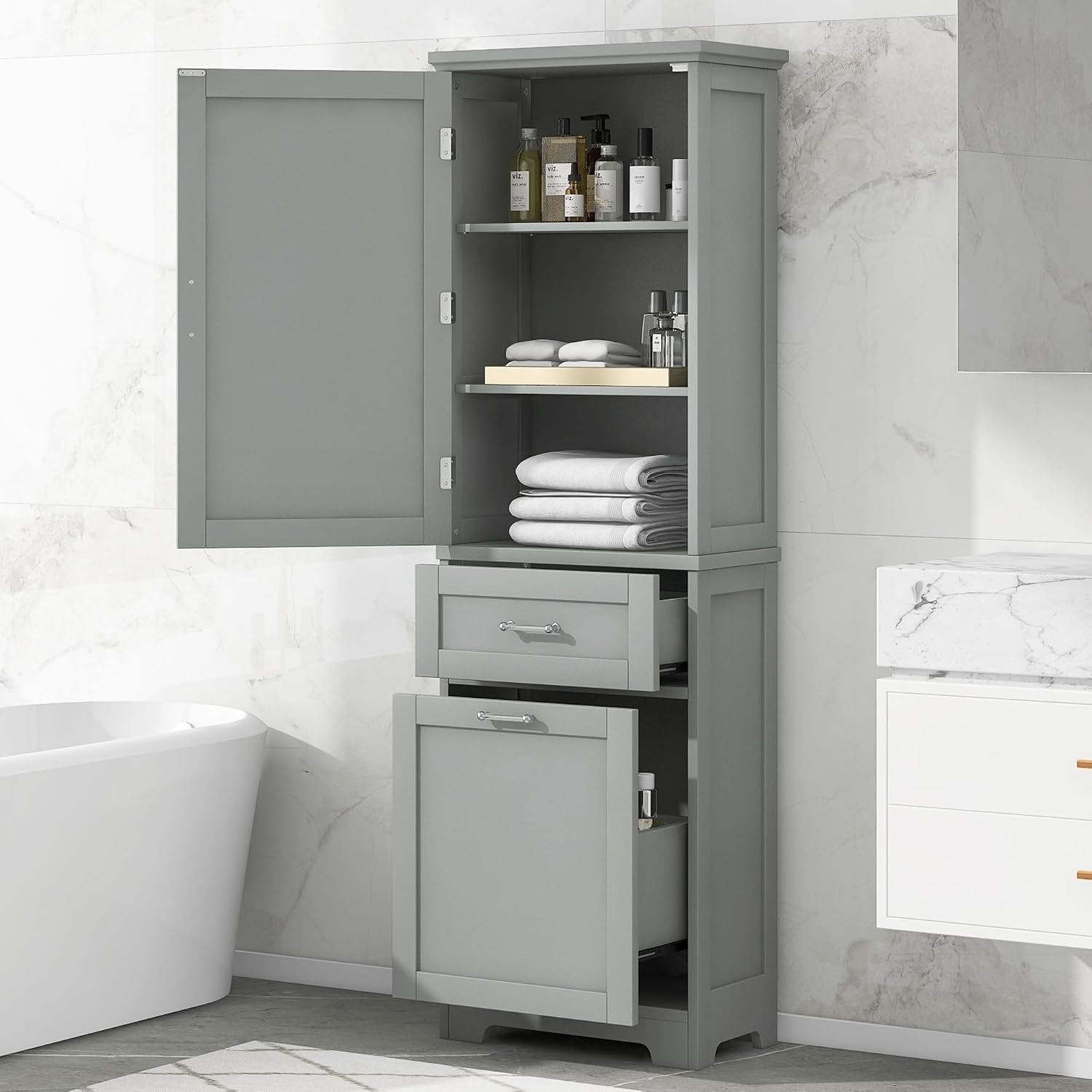 Bathroom Storage Cabinet with Adjustable Shelf, 68.4 in Tall | MDF, painted finish, adjustable shelf, enclosed storage, acrylic handles, anti-tip kit, bathroom, 20 W x 13.5 D x 68.4 H in