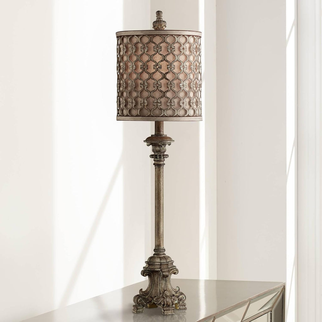 Regency Hill Vichelis 34' Tall Skinny Candlestick Buffet Traditional Vintage End Table Lamps Set of 2 Beige Metal Fabric Shade Living Room Bedroom Bedside Nightstand House Office Home Reading