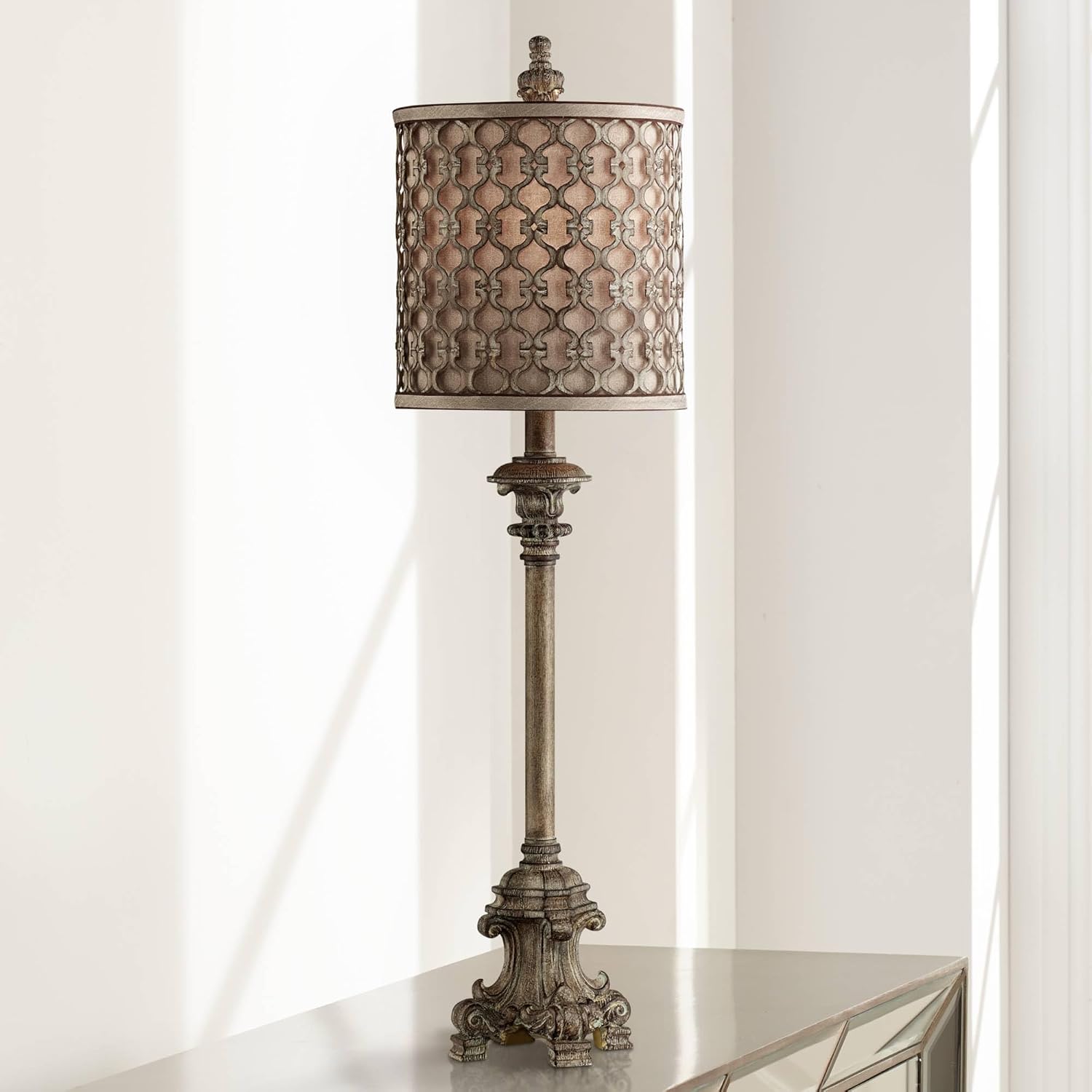 Regency Hill Vichelis 34' Tall Skinny Candlestick Buffet Traditional Vintage End Table Lamps Set of 2 Beige Metal Fabric Shade Living Room Bedroom Bedside Nightstand House Office Home Reading