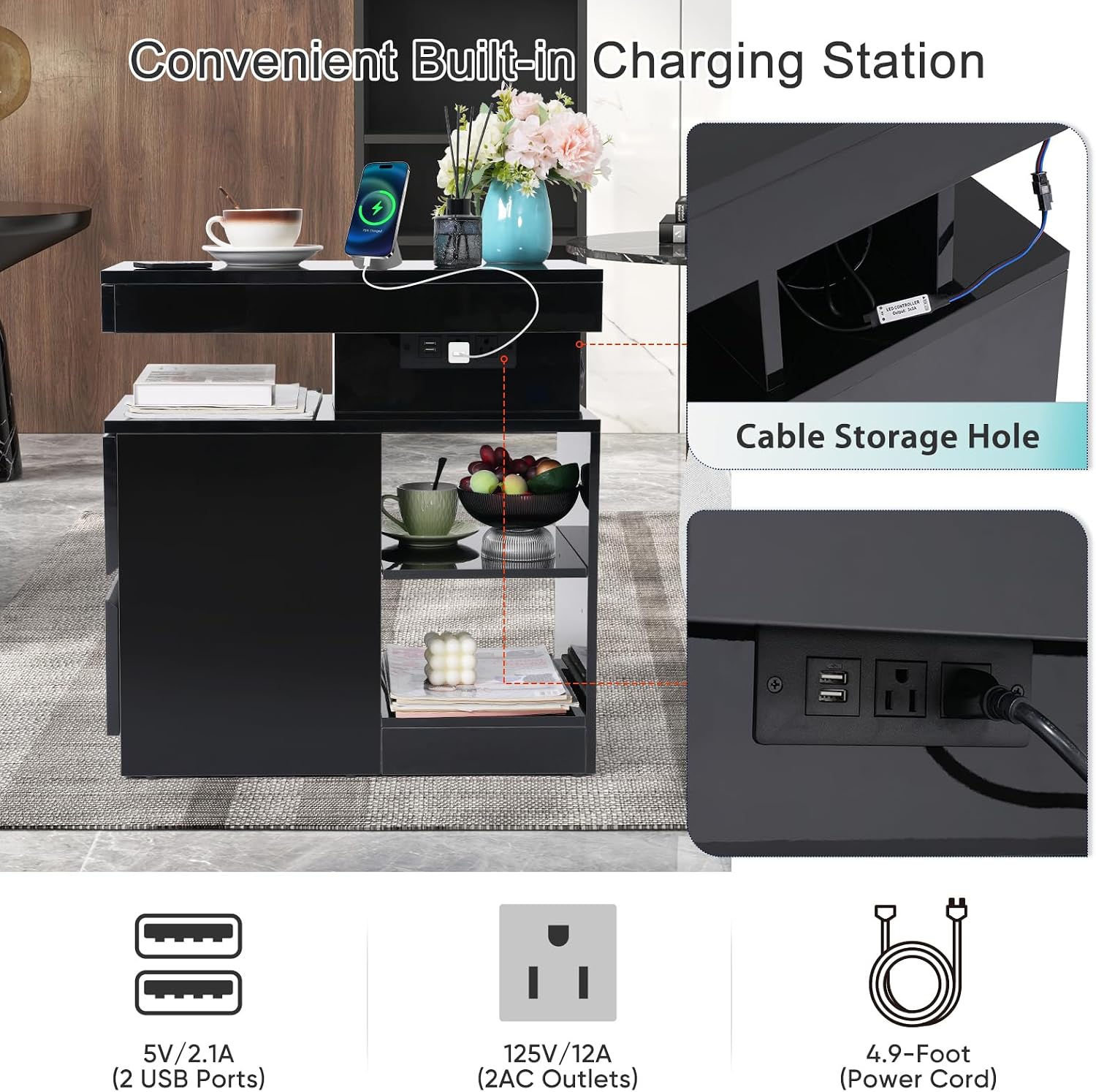 Verano Garden High Gloss End Table Set of 2 with Charging Station, Sofa Side Table with Drawer and Adjustable Shelf, Modern Bedside Table Nightstand with LED Light for Living Room, Bedroom, Black