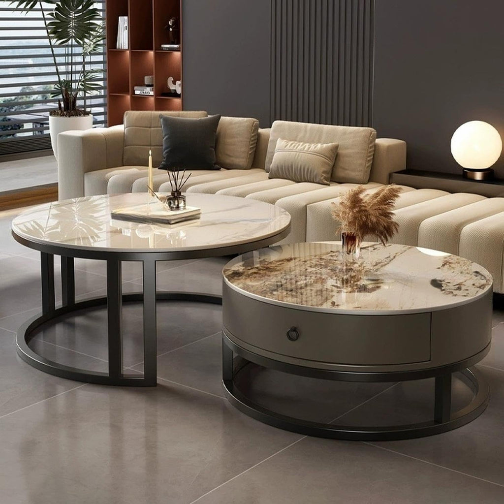 LITFAD 2-Piece Nesting Coffee Tables Steel Frame Round Slate Top Living Room Table Modern Central Table with Storage Drawer for Living Room, Office, Cafe - 27.5'L + 19.5'L Black/ Grey - White/ Pandora