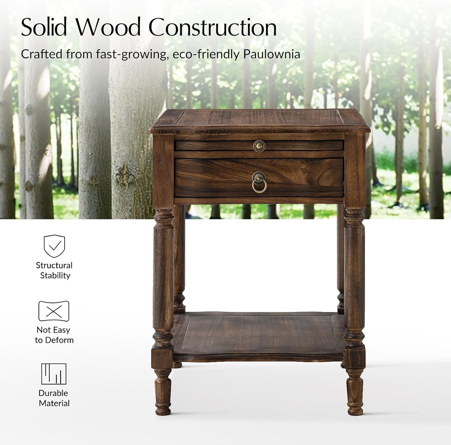 HULALA HOME Small End Table with Charging Station, Solid Wood Side Table with a Drawer & Open Shelf, Vintage Finish, Spindle Legs(Walnut)