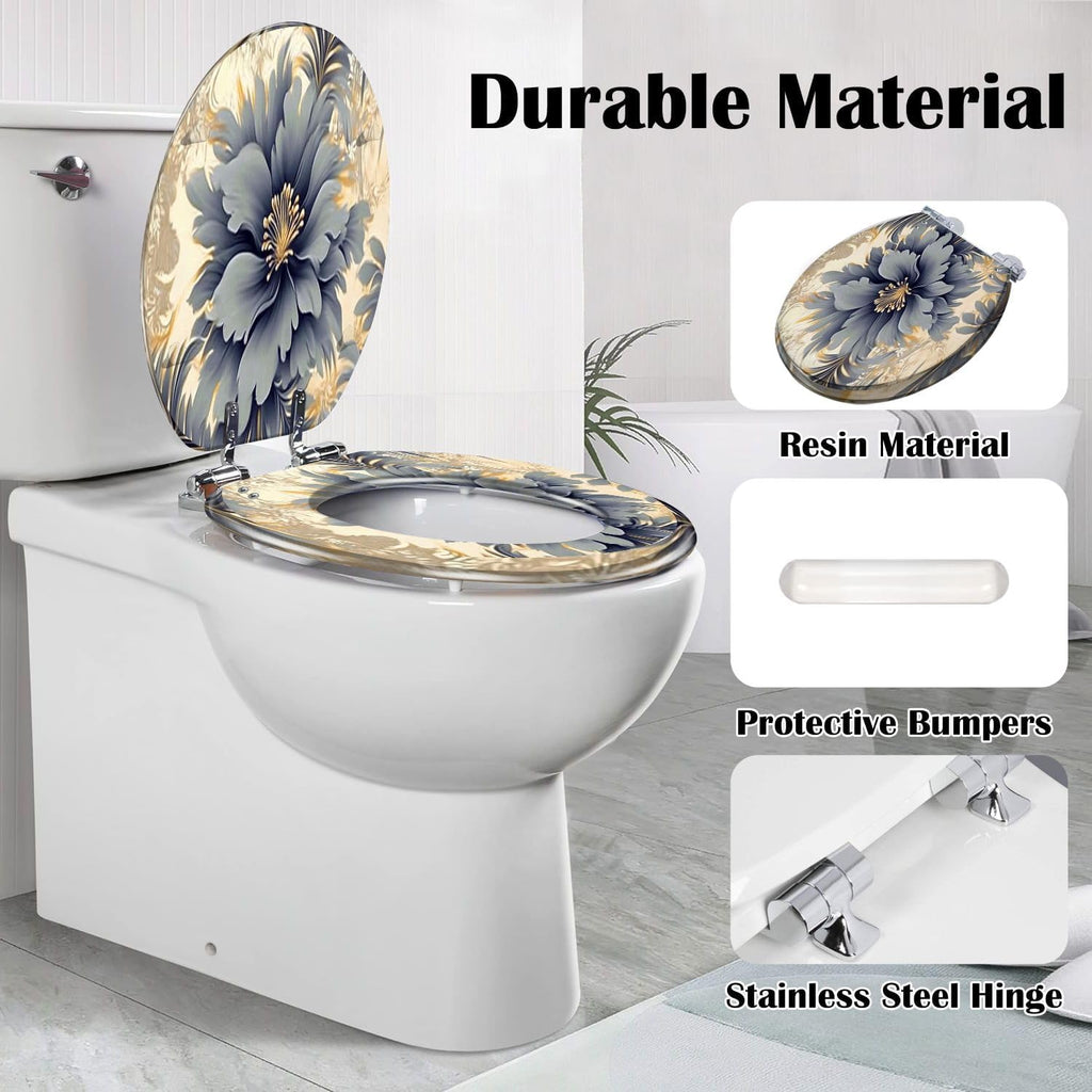 Elongated Toilet Seat Abstract artistic flowers branches gold canvas Brush Oil Resin Toilet Seat Slow Quiet Close with Quick-Release Hinges Toilet Seat with Cover Easy to Clean Install