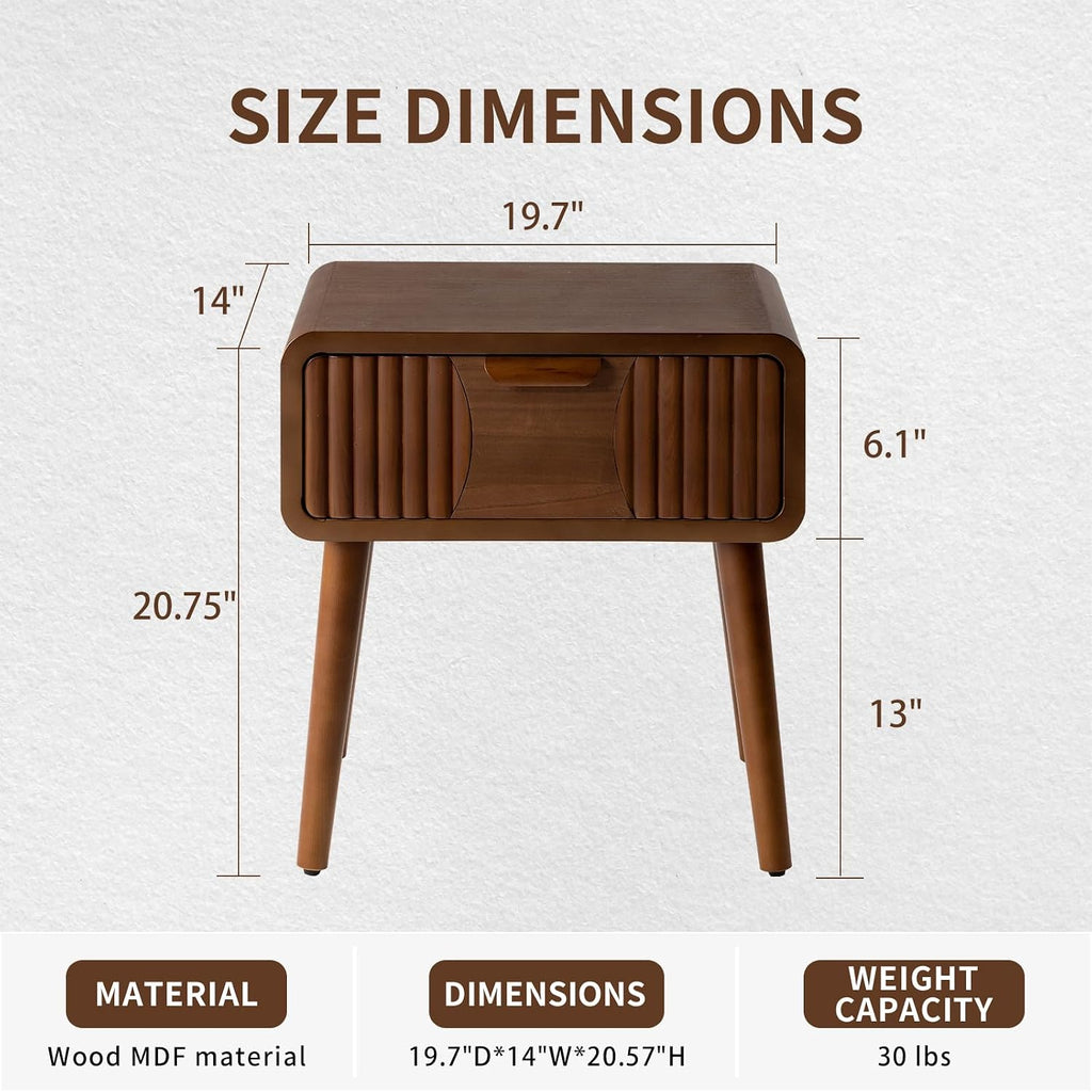 COSIEST Mid Century Modern Nightstands Set of 2, MCM Vintage Bedside Tables with Storage Drawers, Wood End Tables for Bedroom, Living Room (Brown, Striped Pattern)