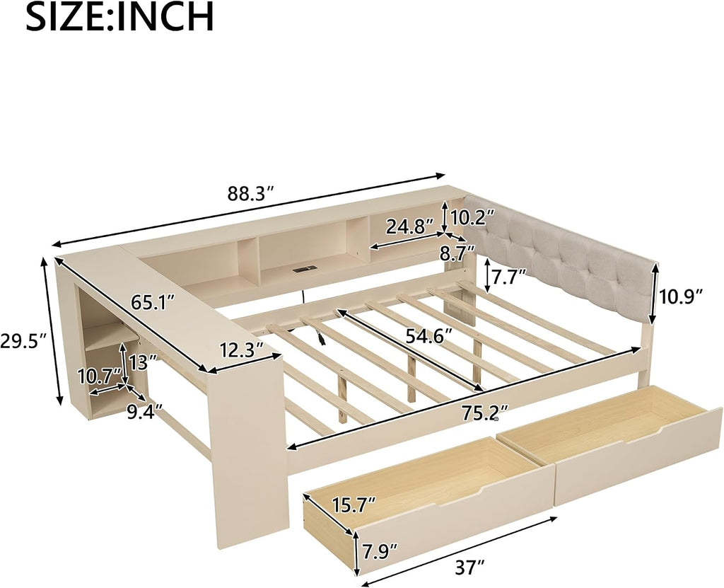 VilroCaz Modern Full Size Daybed with L-Shaped Bookcases and Desk, Solid Wood Daybed Sofa Bed Frame with 2 Drawers and Upholstered Headboard for Office Living Room Bedroom, Maximize Space (Full)