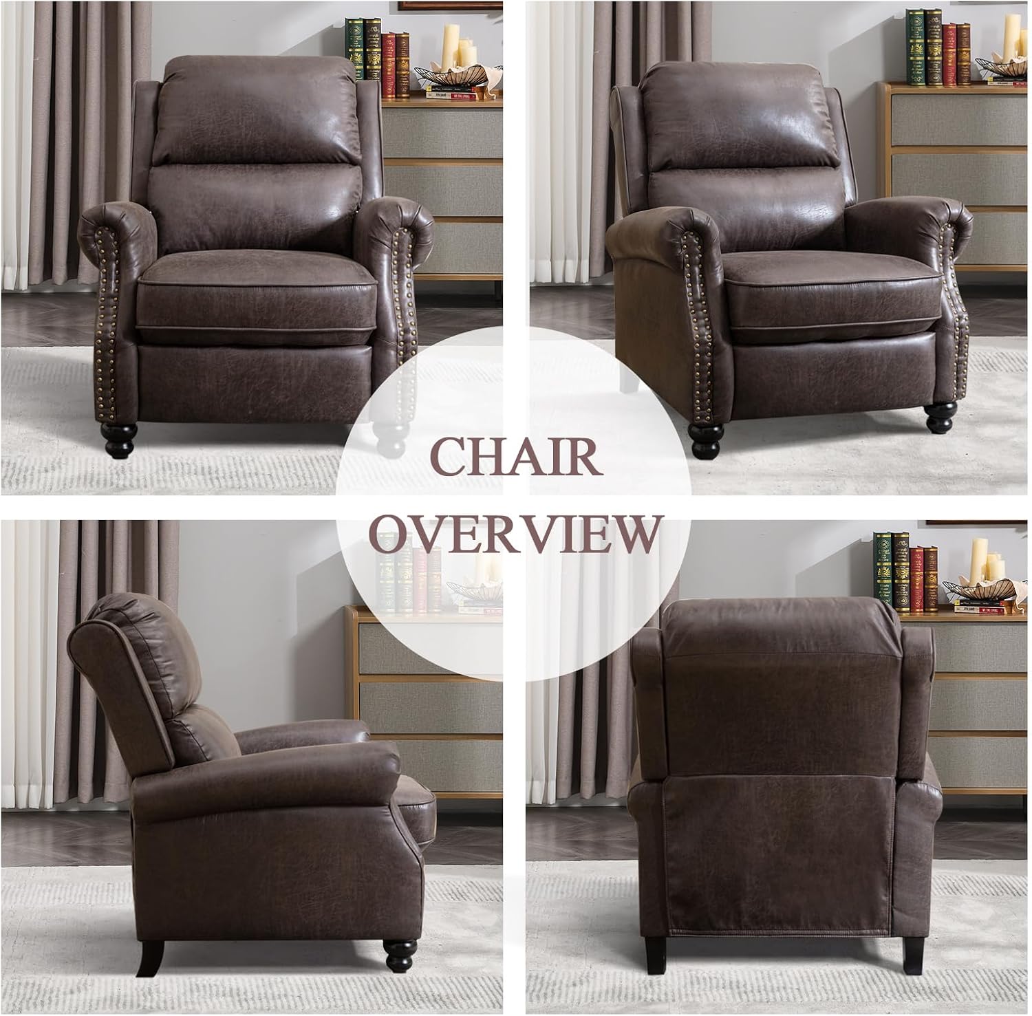 CANMOV Pushback Recliner Chair Set of 2, Faux Leather Armchair Push Back Recliner with Rivet Decoration Single Sofa Accent Chair for Living Room, Dark Grey