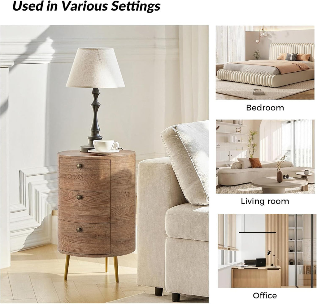 HULALA HOME Round End Table with 3 Storage Drawers, Mid Century Modern Sofa Side Table with Metal Legs, Farmhouse Wood Small Side Table for Living Room, Bedroom and Small Spaces, Oak