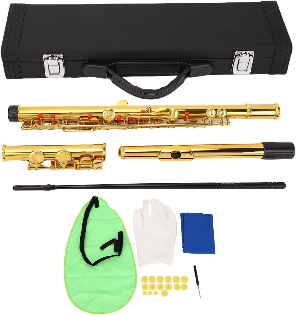 16 Keys C Flute Professional Closed Hole Cupronickel Flute Instrument with Split E Key Ergonomic Design for Beginner Student Adult Orchestra Performance Gold