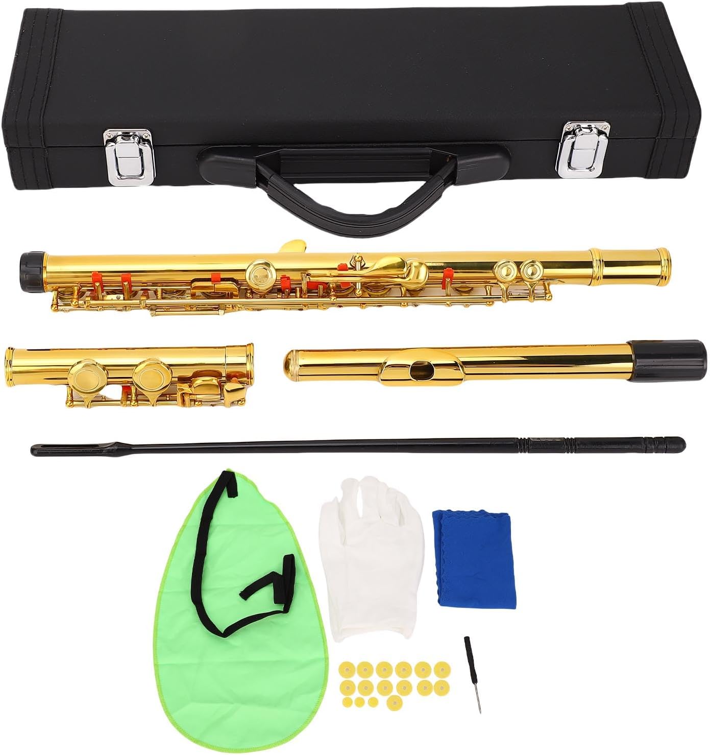 16 Keys C Flute Professional Closed Hole Cupronickel Flute Instrument with Split E Key Ergonomic Design for Beginner Student Adult Orchestra Performance Gold