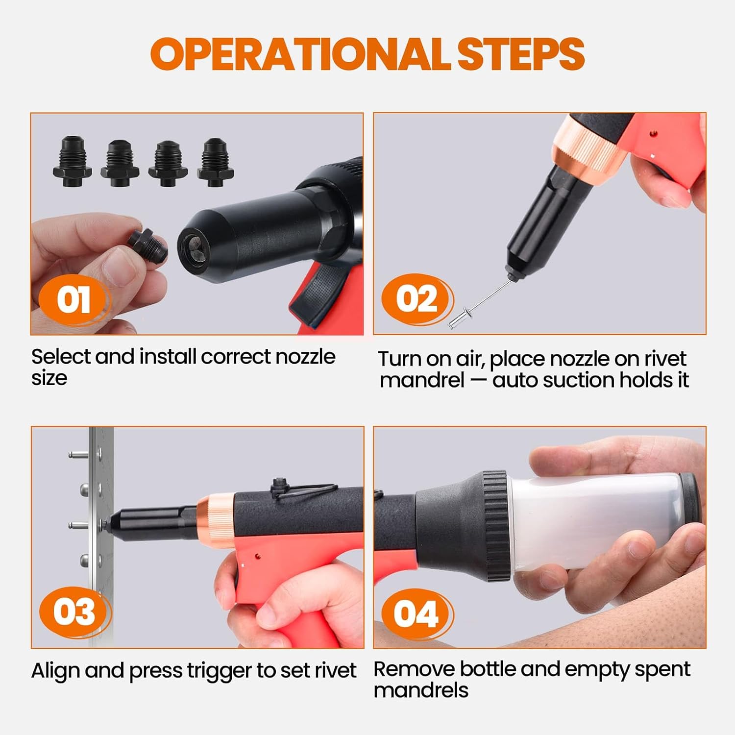 Pneumatic Rivet Gun Air Pop Riveter Tool Kit with 3/32', 1/8', 5/32', 3/16' Rivet Nozzles, Self-Suction Pneumatic Riveting Gun, Upgraded Air Riveter Hydraulic Pop Riveting Rivets Tool