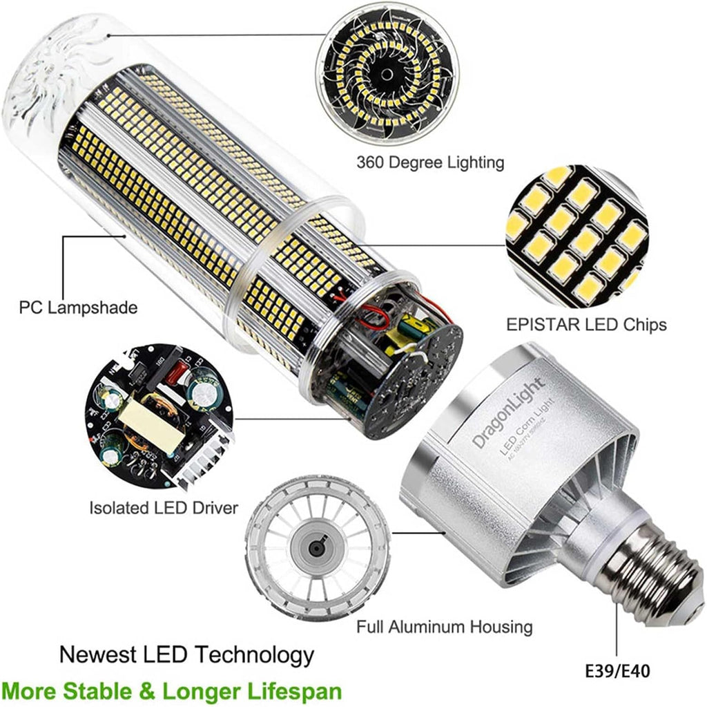 DragonLight 200W Commercial Grade Corn LED Light Bulb(800 Watt Metal Halide/HID/HPS Replacement) E39 Large Mogul Base LED Lamp 5000K Daylight 27,000LM for High Bay Area Lighting