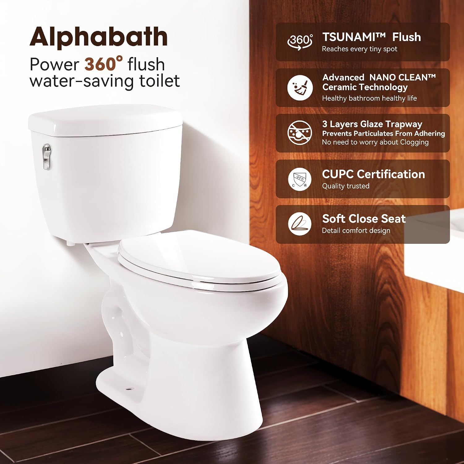 17' Comfort Height Toilet with Soft close seat, Two piece Toilets for Bathroom, Nano Self-Cleaning Glaze, 1.01 GPF Powerful Single Flush, Easy to Clean & Install, ADA Height, 12' Rough-In