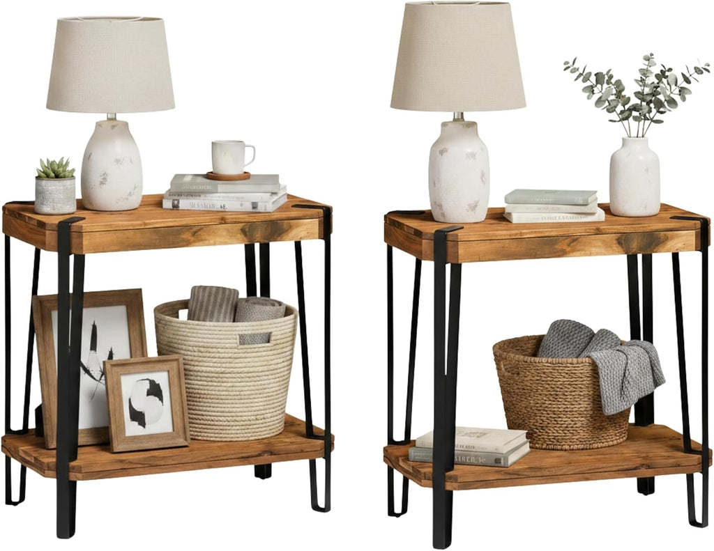 Ryegate Live Edge Modern End Tables Set of 2-2-Tier Acacia Wood Nightstands with Storage Shelf and Metal Legs - 17in Narrow Side Table Set for Living Room or Bedroom by Alaterre Furniture (Natural)