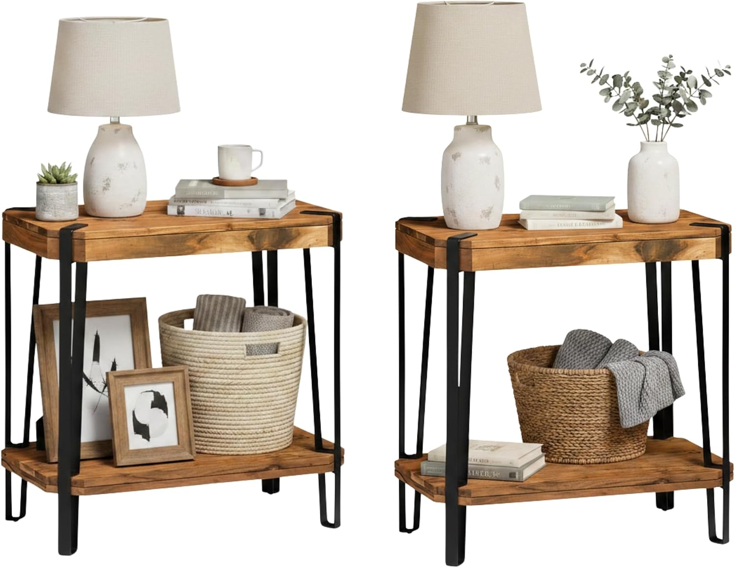 Ryegate Live Edge Modern End Tables Set of 2-2-Tier Acacia Wood Nightstands with Storage Shelf and Metal Legs - 17in Narrow Side Table Set for Living Room or Bedroom by Alaterre Furniture (Natural)
