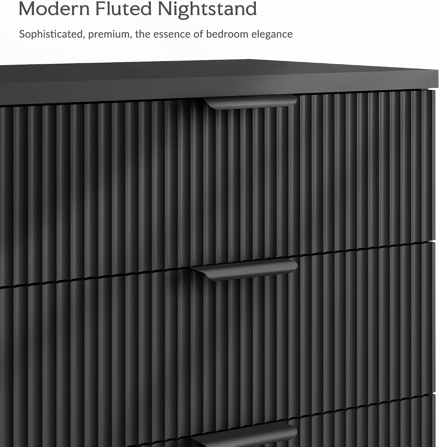25.6' W Black Fluted Nightstand with 3 Drawer, Modern Wood Night Stands Bedside Table for Bedroom King/Queen Bed, End Table with Robot-Friendly Legs for Living Room,Entry
