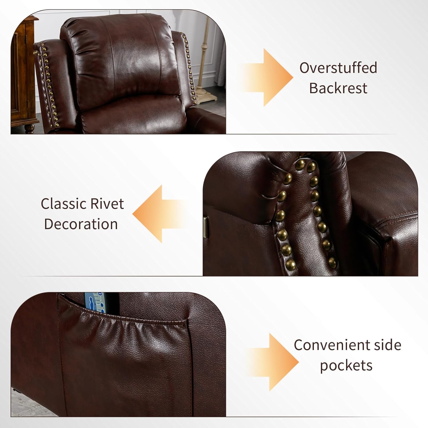 HAOMARKETS Classic Power Recliner Chair Set of 2 with Massage and Heat, Breathable Faux Leather Electric Recliner with USB Port, Overstuffed Reclining Sofa with Rivets for Living Room, Caramel Brown