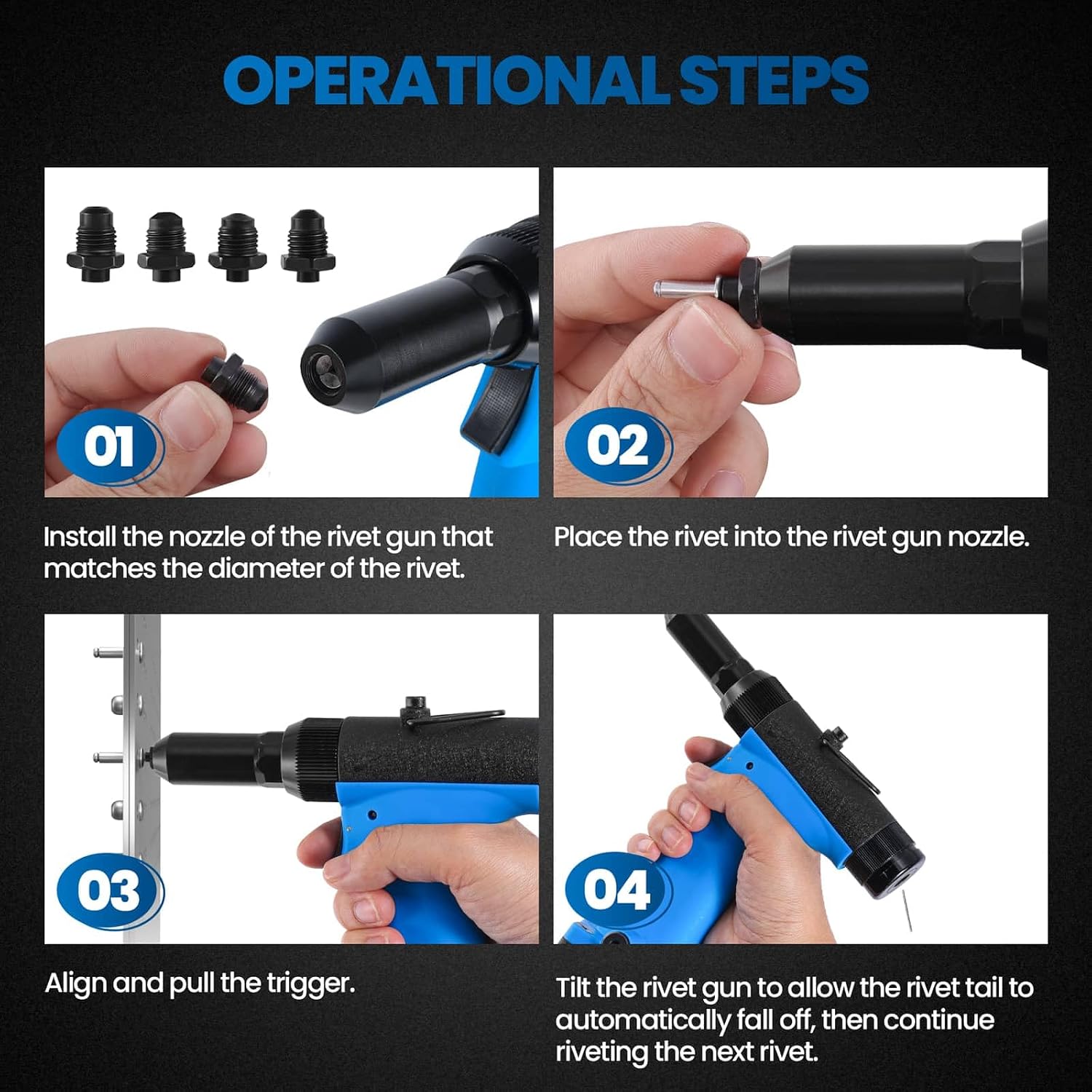 Pneumatic Rivet Gun Air Pop Riveter Tool Kit with 1/8', 5/32', 3/16', 1/4' Rivet Nozzles, Pneumatic Riveting Gun, Upgraded Air Riveter Hydraulic Pop Riveting Rivets Tool, No-Self-Suction