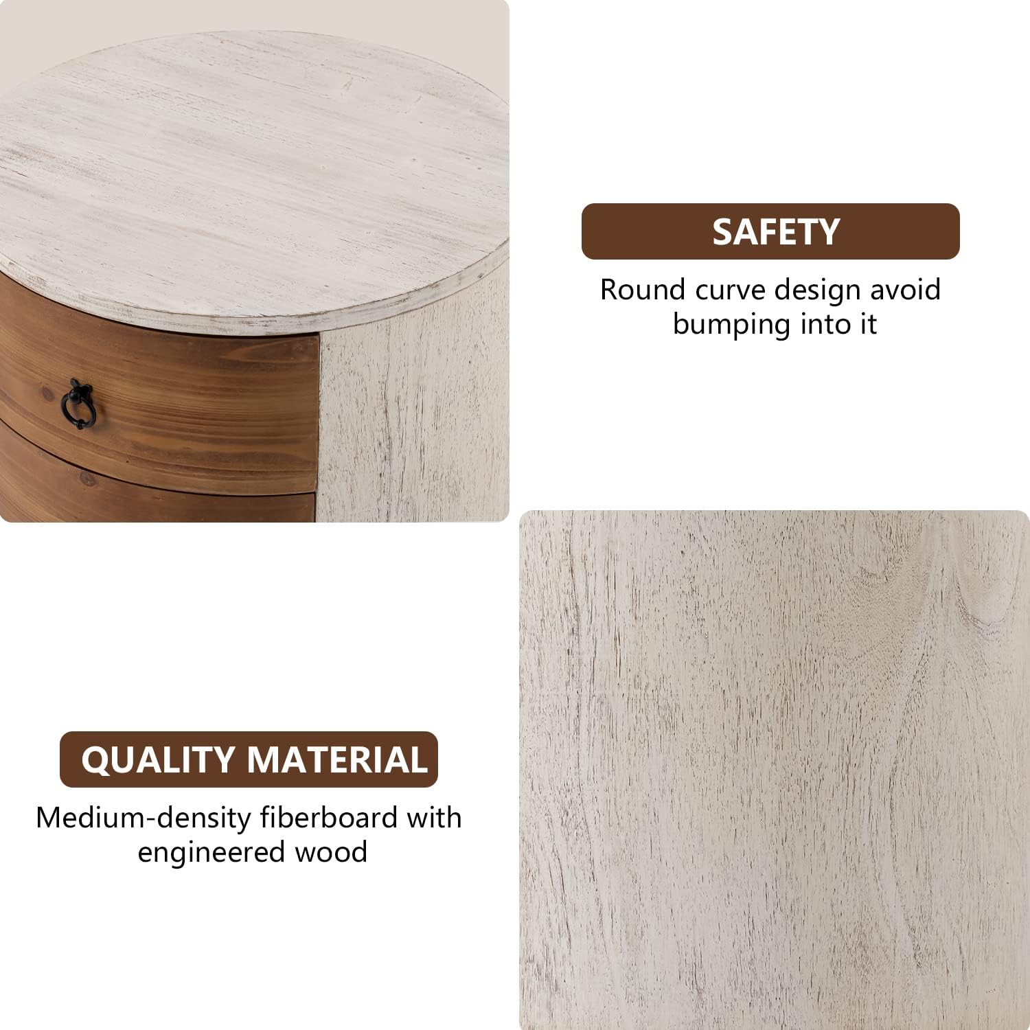 COSIEST Bedside Table Set of 2, Wood Nightstand 3 Drawers, Farmhouse Round End Table with 3 Drawers, Dresser with Drawers for Bedroom, Living Room