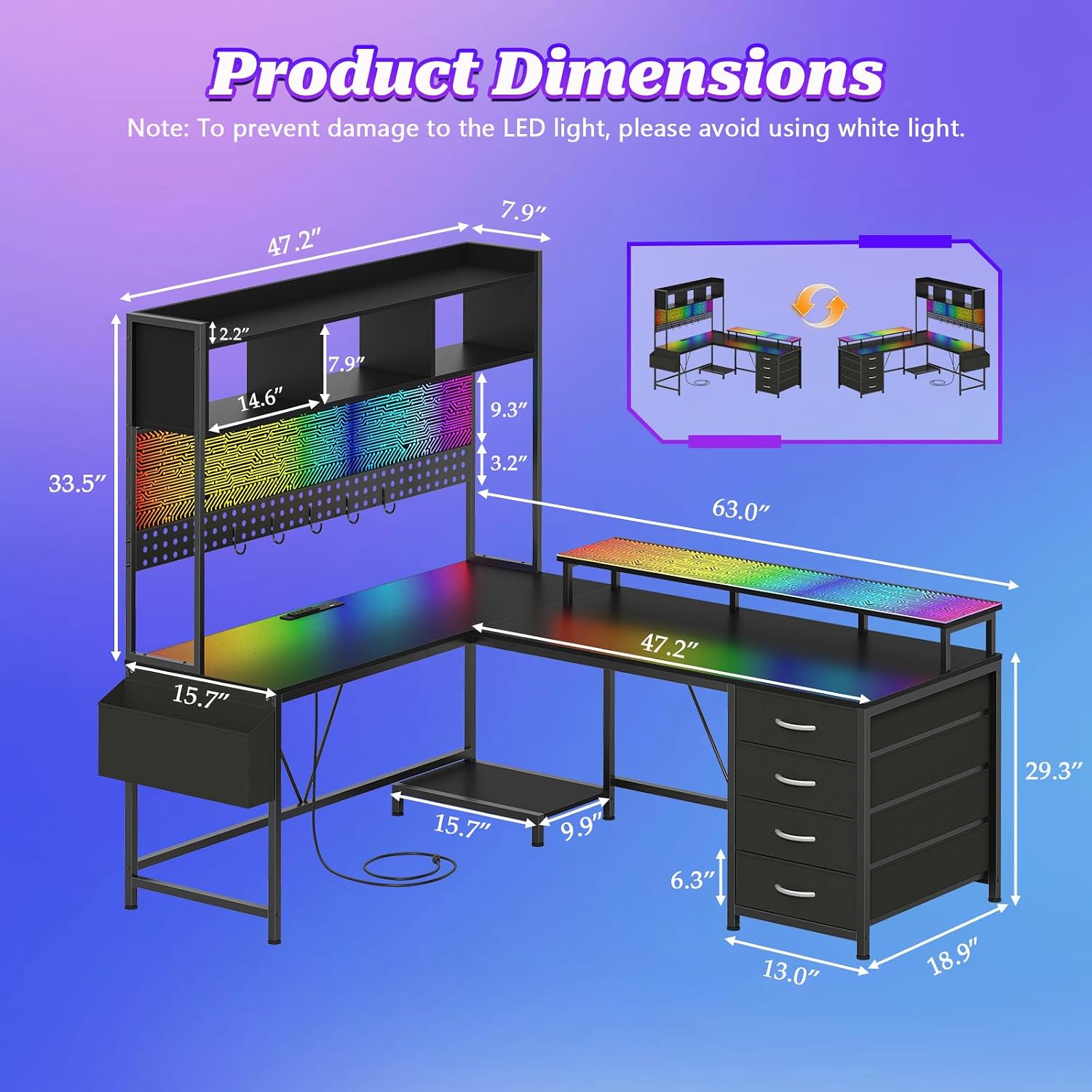 L Shaped Gaming Desk with Hutch, Reversible Computer Corner Desk with Drawers, Gaming Desk with LED Lights Panel, Power Outlets, Pegboard and Monitor Stand, Black
