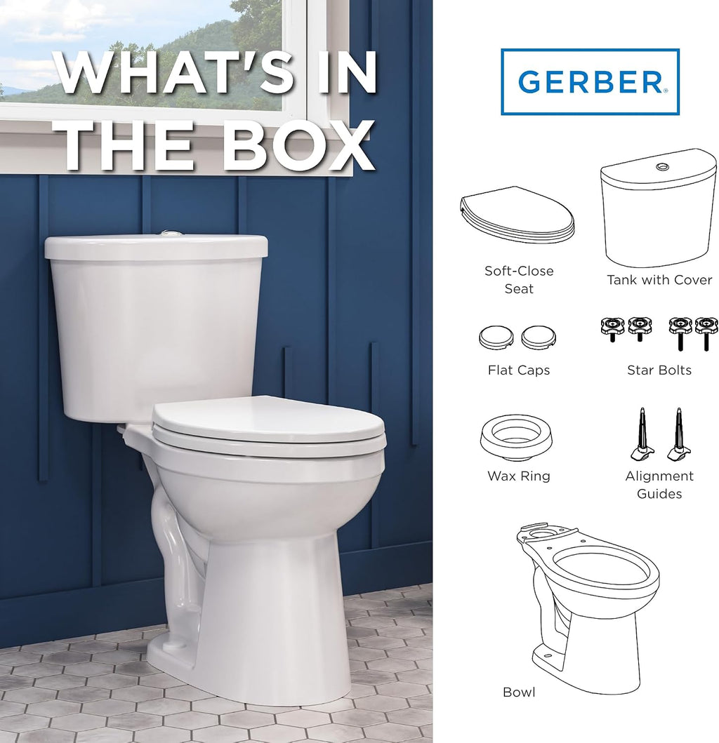 Gerber Maxwell Select Elongated Dual-Flush 1.0/1.28 GPF Two-Piece Toilet, ADA Chair Height, 12-in Rough-In, High Efficiency, Soft-Close Seat & Install Kit with Wax Ring, White, GRD49210E