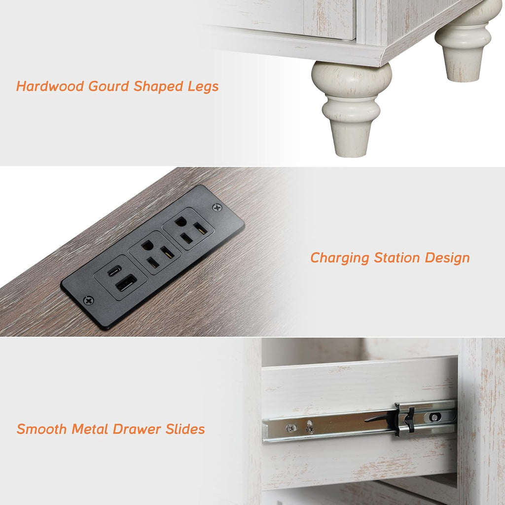 WAMPAT Set of 2 End Table with Charging Station & Power Outlets & USB Ports, Farmhouse Side End Table with Drawer and Storage Cabinet for Bedroom, Rustic White