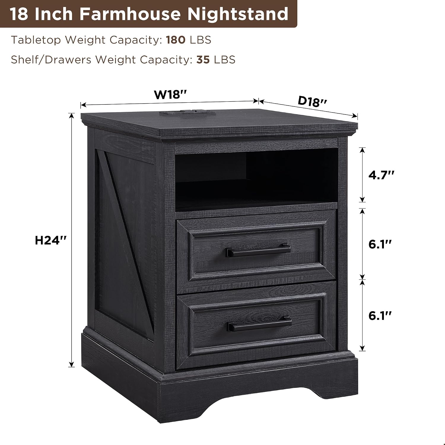 ACCOHOHO 18' Farmhouse Nightstand Set of 2 with Charging Station,End Table with 2 Drawers Storage,Side Table,Bedside Cabinet for Bedroom,Living Room, Black