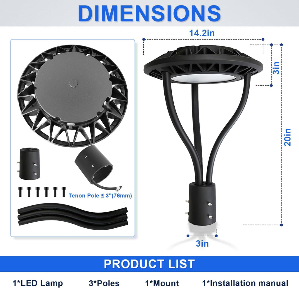LED Post Top Light with Dusk to Dawn Photocell, 80W/100W/120W/150W Power Tunable, 3CCT 3000K/4000K/5000K Outdoor Post Pole Lights, IP65 LED Circular Area Light for Garden Yard Street, ETL Listed