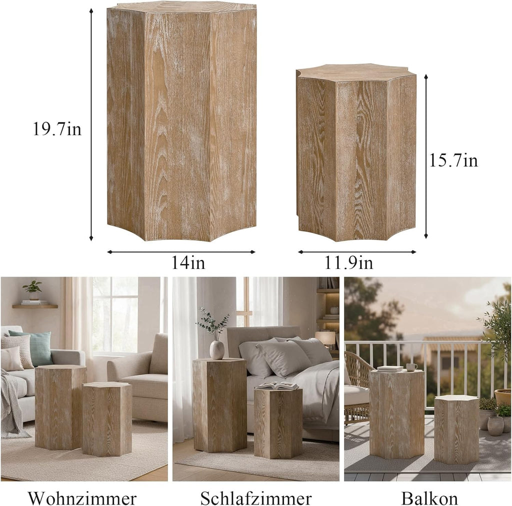 Nesting Tables Set of 2,Wood Nesting Coffee Table,Octagonal Side Tables for Living Room,Modern Plant Stand for Balcony,Nightstand for Bedroom,Fully Assembly,Natural Finish.