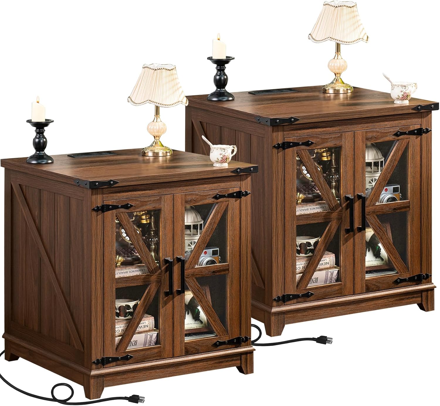 Joaxswe Farmhouse End Table with Charging Station Set 2, 24' Large Sofa Side Table with Glass Barn Door, Nightstand with Adjustable Storage Shelf,Wood Square Bedside Table for Living Room,Bedroom