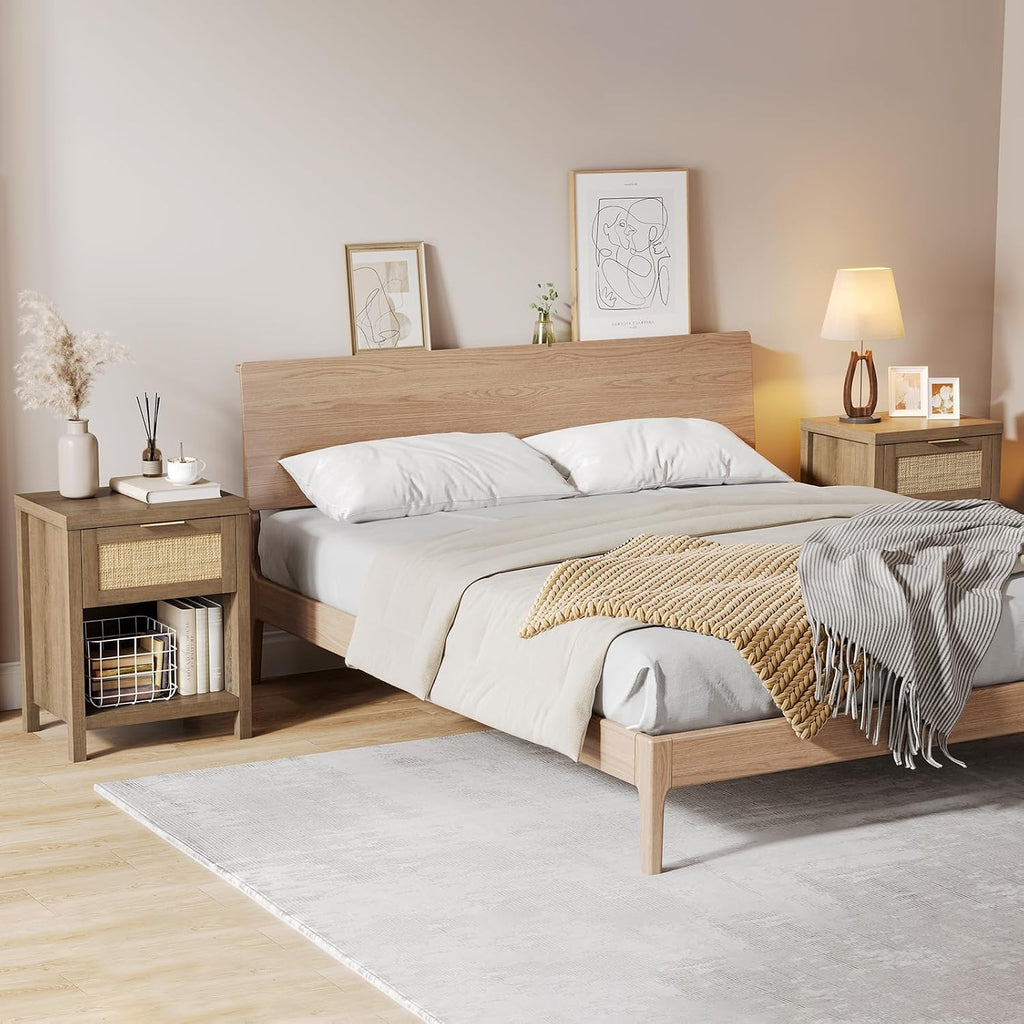 Eclatara Rattan Nightstand Set 2: Boho End Table with Drawer and Storage Shelf, Farmhouse Cane Accent Bedside Night Stands for Bedroom Small Space Sofa (2, Caramel Oak)