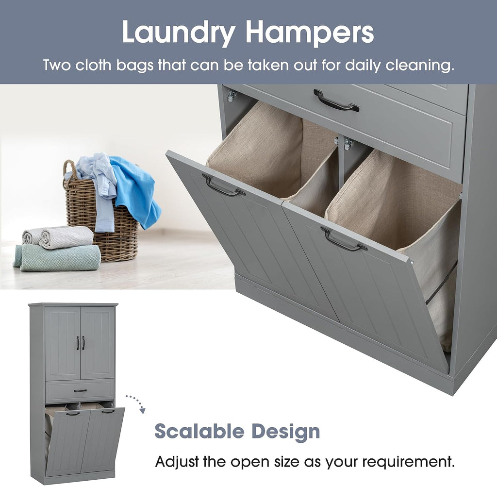 Bathroom Storage Cabinet with 2 Removable Bins, 65.8 in Tall | MDF, painted finish, adjustable shelf, 2 removable bins, enclosed storage, anti-tip, bathroom, 29.9 W x 15.7 D x 65.8 H in