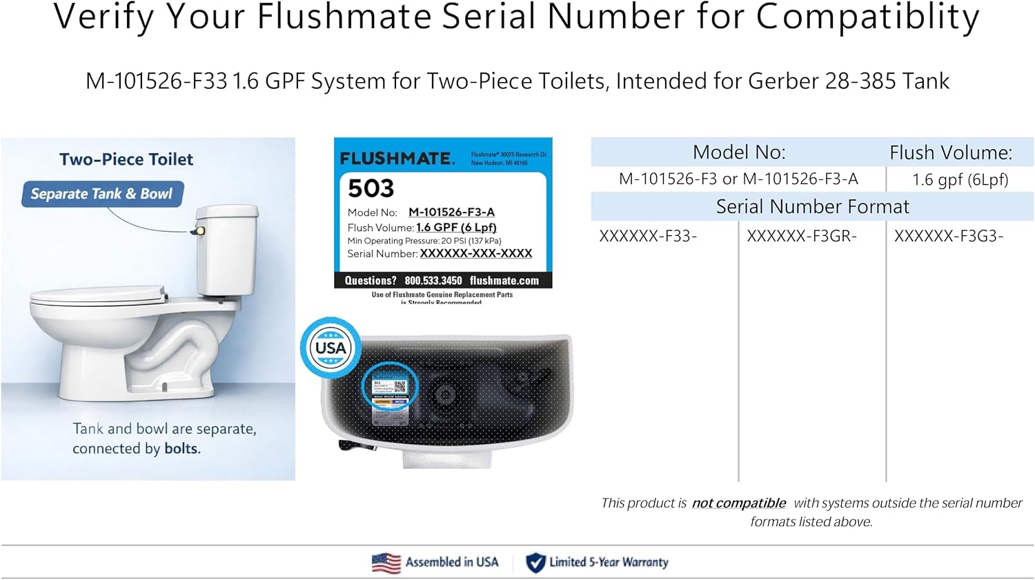 Flushmate M-101526-F33 Complete Replacement System: 1.6 GPF System for Two-Piece Toilets, Intended for Gerber 28-385 Tank, Quiet Operation, Ideal for Residential & Commercial Use