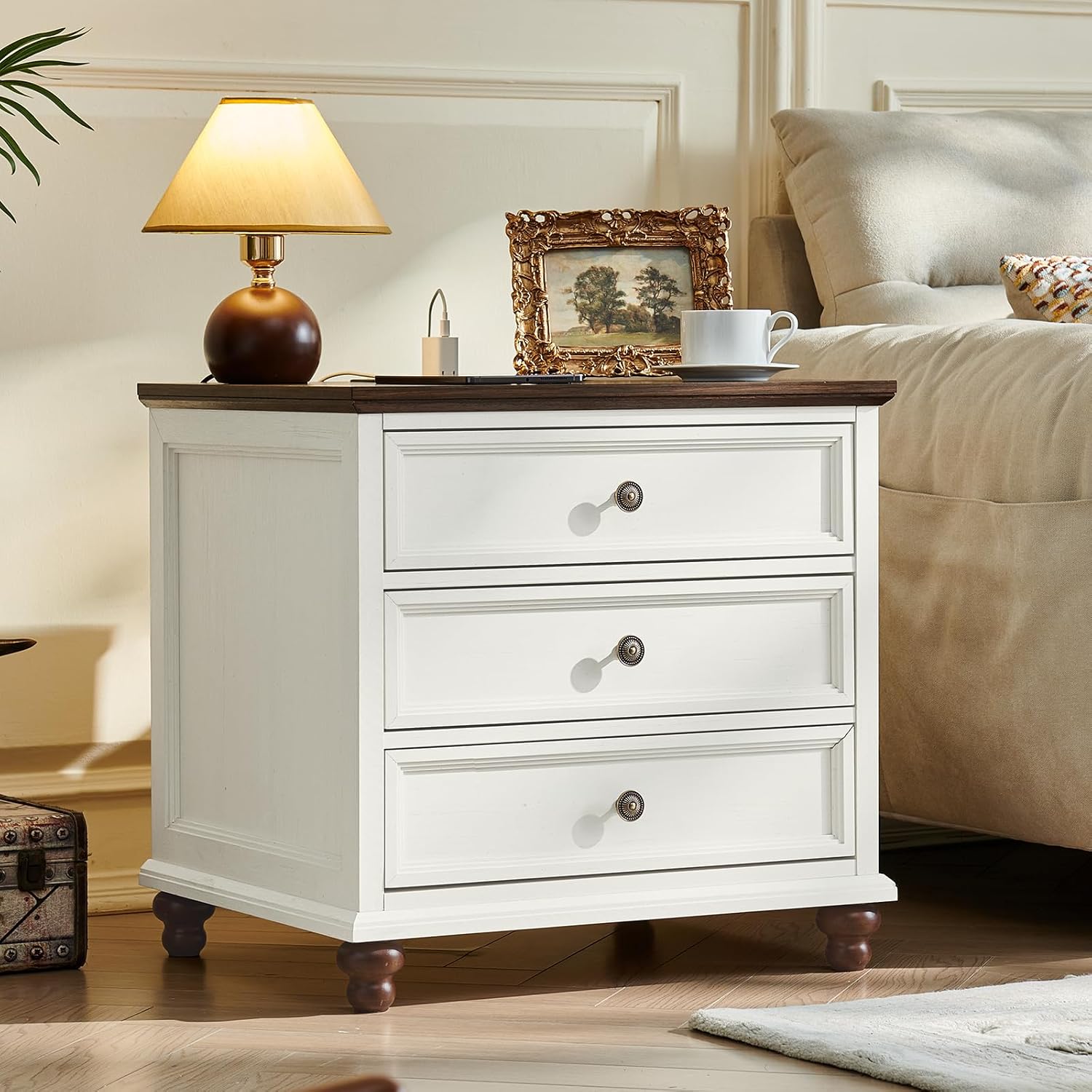 Joaxswe Farmhouse Nightstand Set of 2 with Charging Station, 24' Wide End Table with 3 Drawers,Dresser for Bedroom,Bed Side Table Chest of Drawers Cabinet,Wood White Night Stand for Living Room