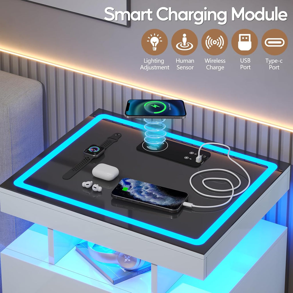 LED Nightstand Set 2 with Wireless Charging Station,White Night Stand with 2 Drawers,Glass Top Smart Bedside Table,Modern End Table Side for Bedroom,Living Room,Office