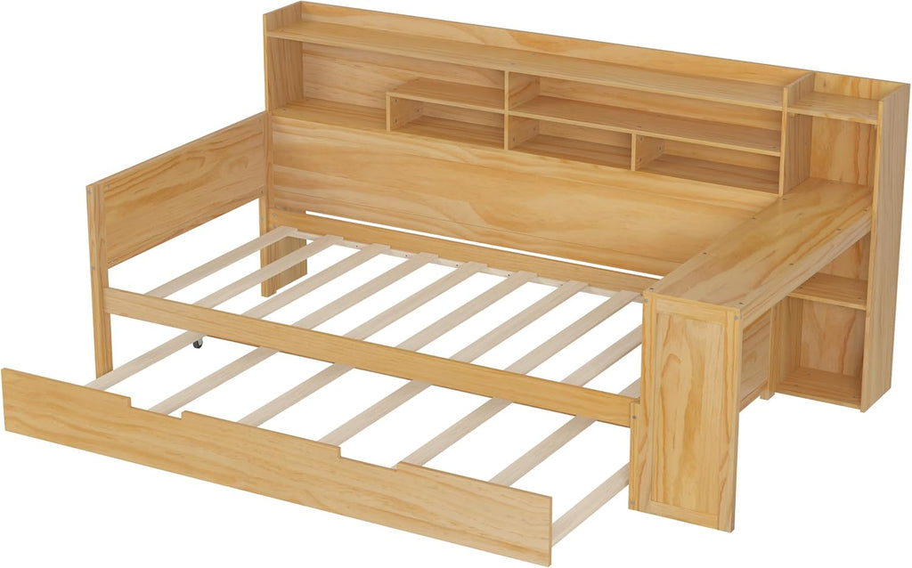 Harper & Bright Designs Twin Size Wooden Daybed with Storage Shelves, Multi-Functional Corner Bed Frame with Twin Size Trundle Bed and Study Desk for Kids Teen, Natural