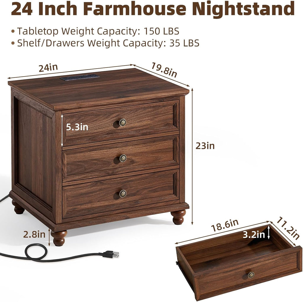 Joaxswe Farmhouse Nightstand Set of 2 with Charging Station, 24' Wide End Table with 3 Drawers,Dresser for Bedroom,Bed Side Table Chest of Drawers Cabinet,Wood Brown Night Stand for Living Room