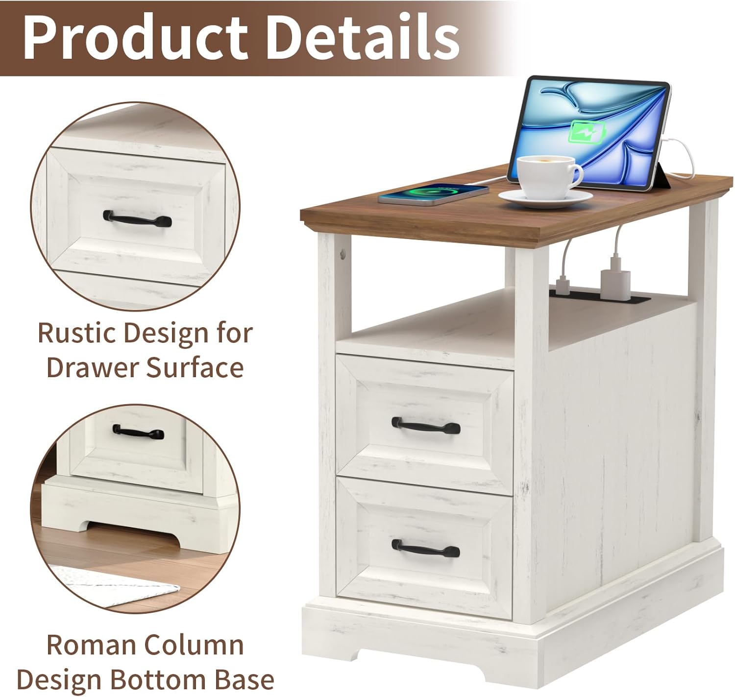HOMMPA 23.6'' Farmhouse End Table with Charging Station Set of 2, Rustic Night Stand w/ 2 Drawers & Open Shelf, Wood Sofa Side Table Bedside Table for Living Room, Roman Column Design, Rustic White