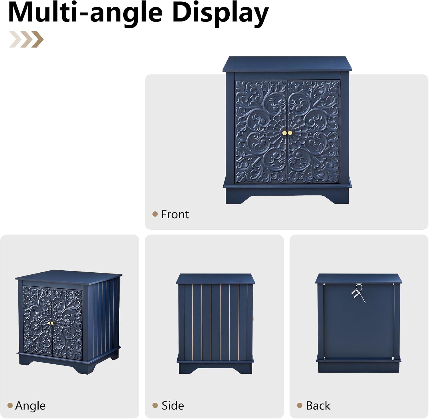 weselon End Table Set of 2, 24' Farmhouse Nightstand with Carved Floral Door & Adjustable Shelf, Square Wooden Sofa Side Table with Storage for Living Room Bedroom (Midnight Blue)