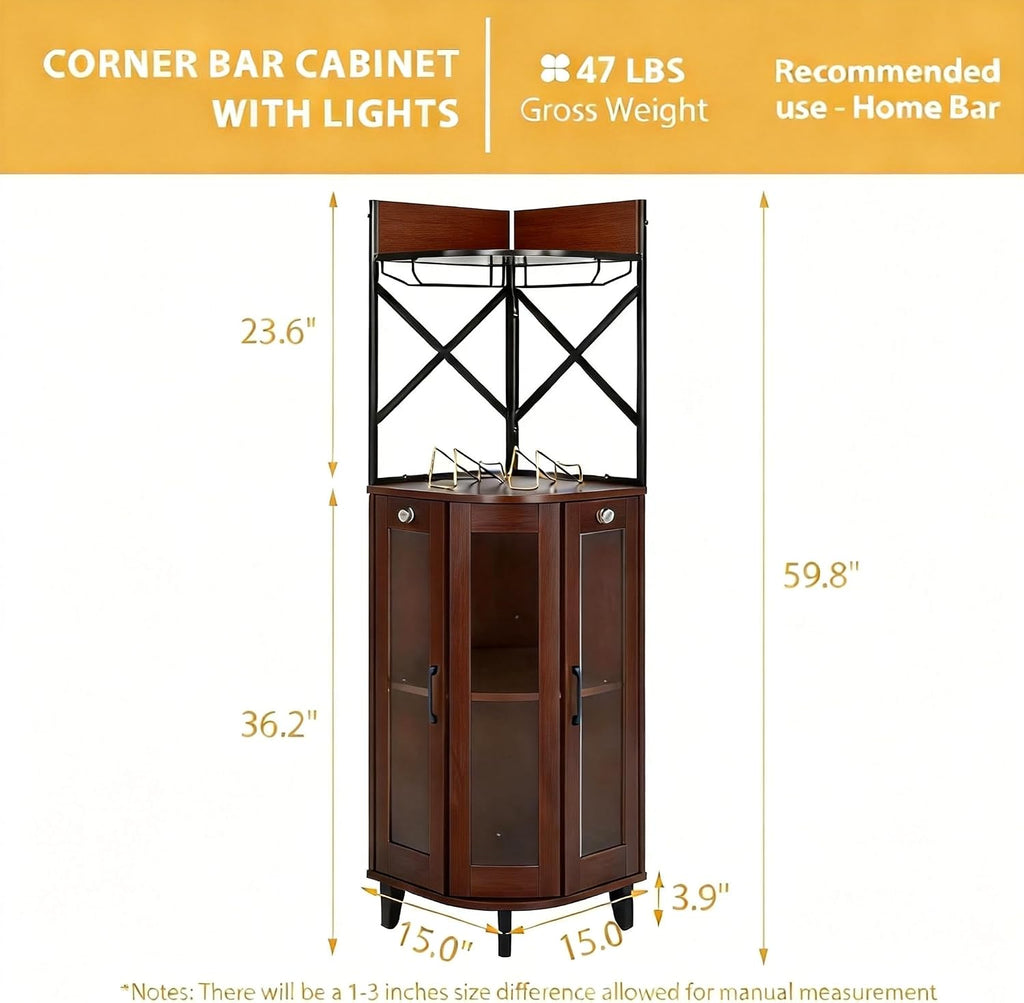 COCO DESIGN Corner Wine Cabinet with Lockable Glass Door & LED Light, 4-Tier Liquor Bar Unit, Modern Farmhouse Home Bar for Living Room, 2 Wine Racks & 2 Glass Display Trays, Walnut