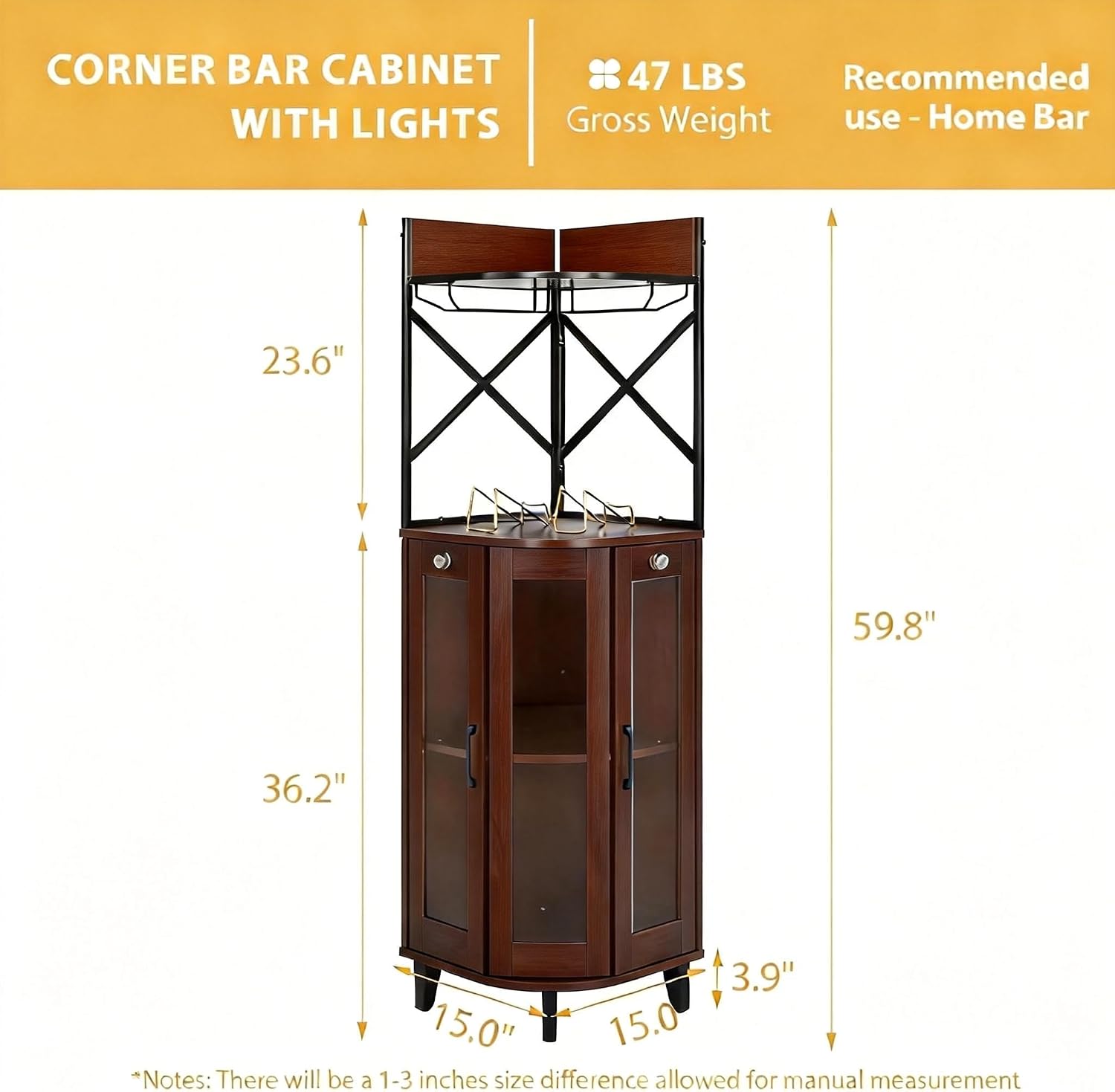 COCO DESIGN Corner Wine Cabinet with Lockable Glass Door & LED Light, 4-Tier Liquor Bar Unit, Modern Farmhouse Home Bar for Living Room, 2 Wine Racks & 2 Glass Display Trays, Walnut