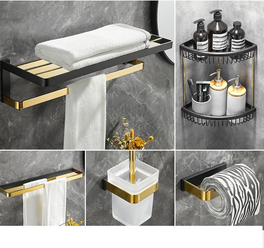 LSLYTQ Black Gold Bathroom Hardware, All Copper Towel Bar Rail Rack, Towel Ring, Tripod Stand, Bathroom Accessories Wall Mount