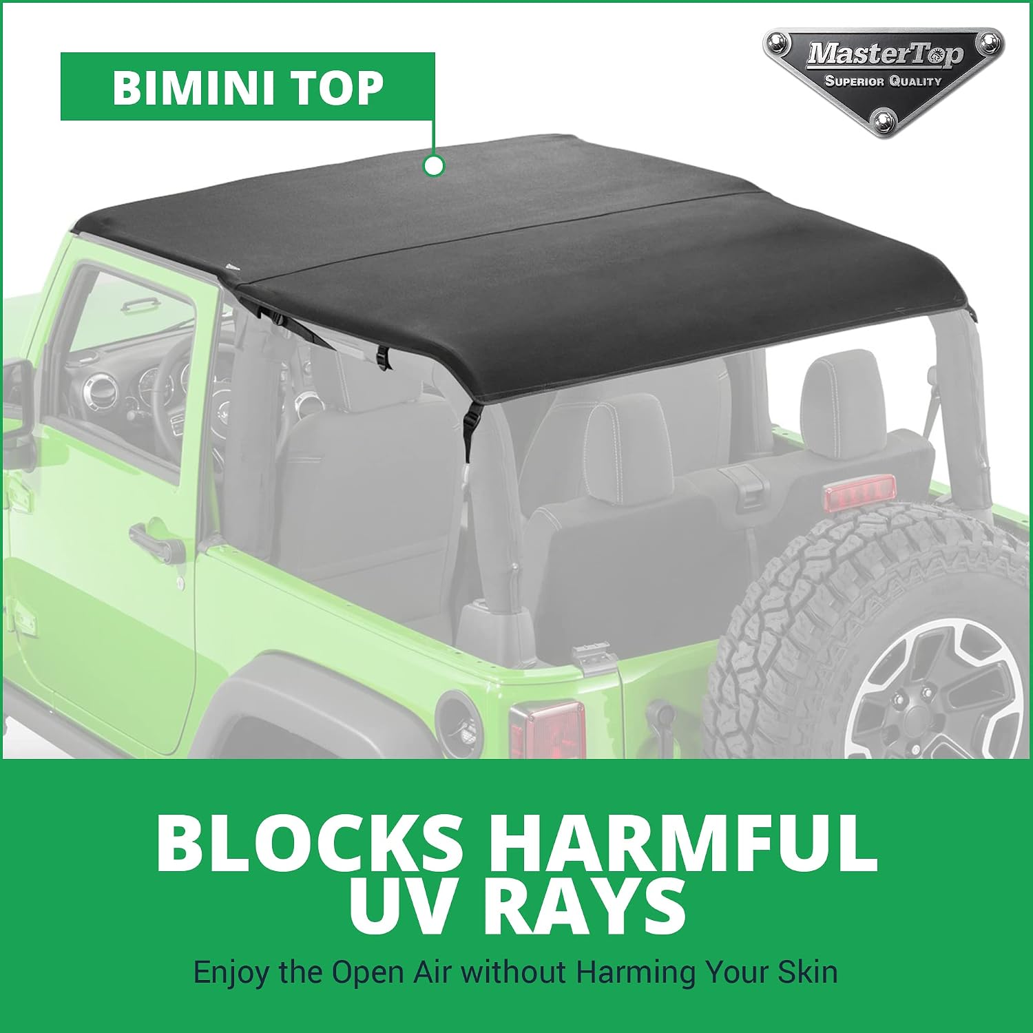 MasterTop 3-Piece Ultimate Summer Soft Top Combo - Bimini Soft Top, Wind Stopper Cab Curtain, and Tonneau Deck Cargo Cover - Fits Jeep Wrangler JK 2-Door 2007-2009 - Black MasterTwill
