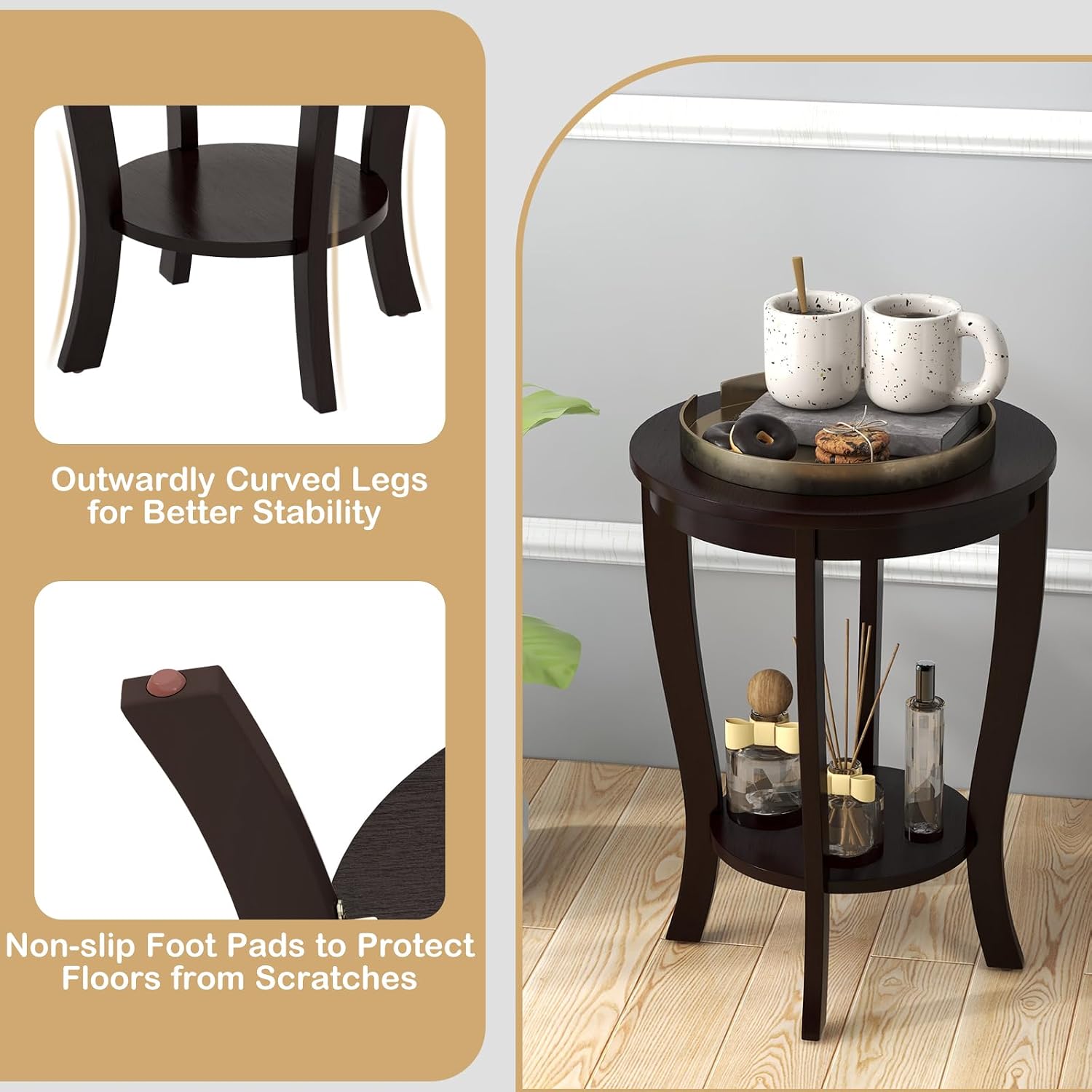 Giantex Round End Tables Set of 2, 2 Tier Side Table with Storage Shelf and Solid Wood Legs, 18' x 18' Accent Table for Corner Small Spaces, Compact Night Stand for Living Room Bedroom, Espresso