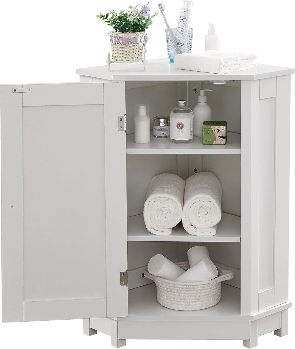 Floor Corner Cabinet with Doors and Adjustable Shelves, Freestanding Bathroom Corner Storage Cabinet for Bathroom, Living Room (1 Door, White)